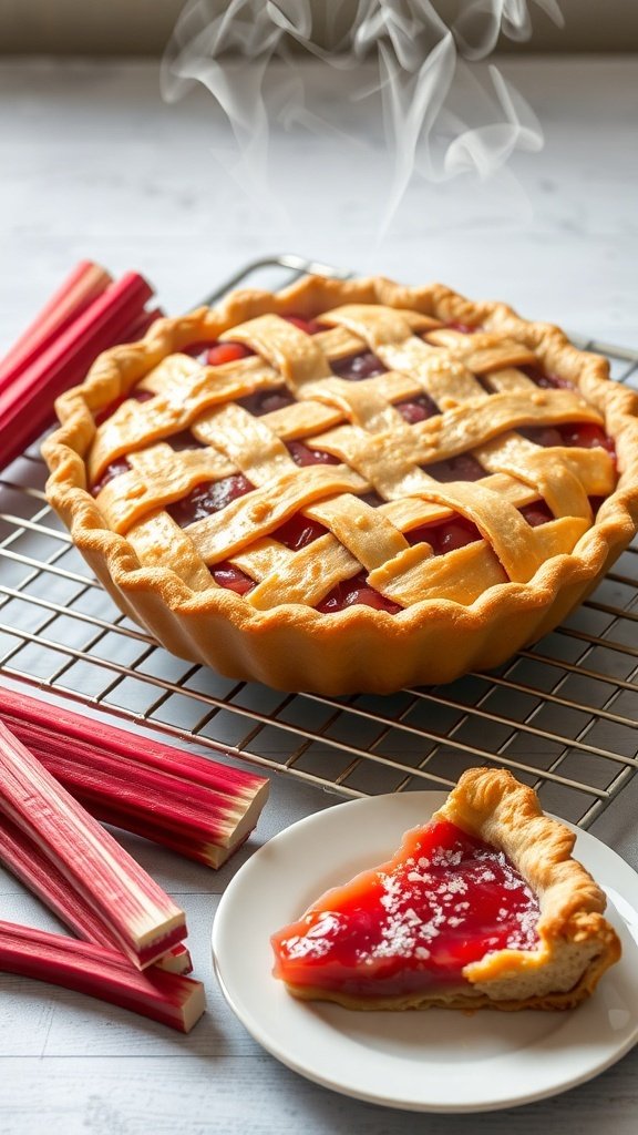 A freshly baked rhubarb pie with a lattice crust, placed on a cooling rack, with a slice served on a plate.