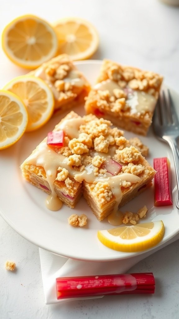 Plate of lemon rhubarb crumble bars with lemon slices and rhubarb stalks