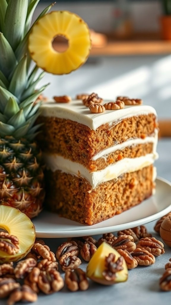 A slice of carrot cake with pineapple and walnuts, topped with cream cheese frosting, surrounded by walnuts and a fresh pineapple.