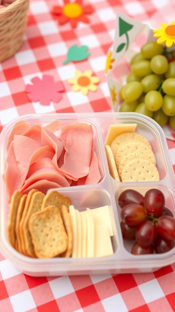 A colorful homemade lunchable with deli meats, cheese, crackers, and grapes.