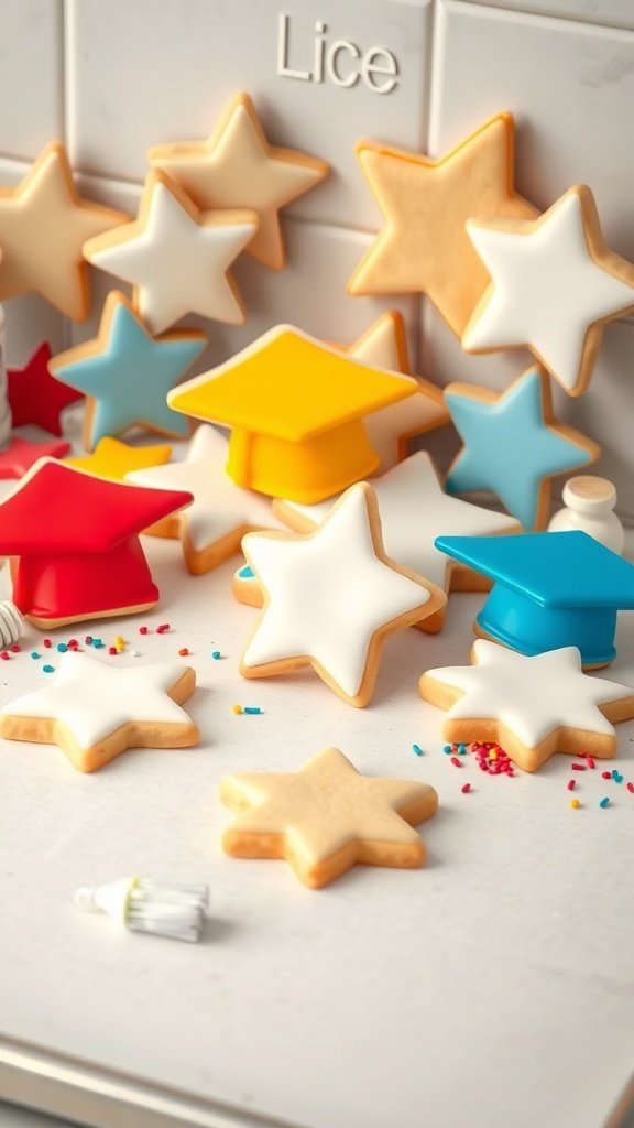 Colorful graduation-themed sugar cookies shaped like stars and caps.