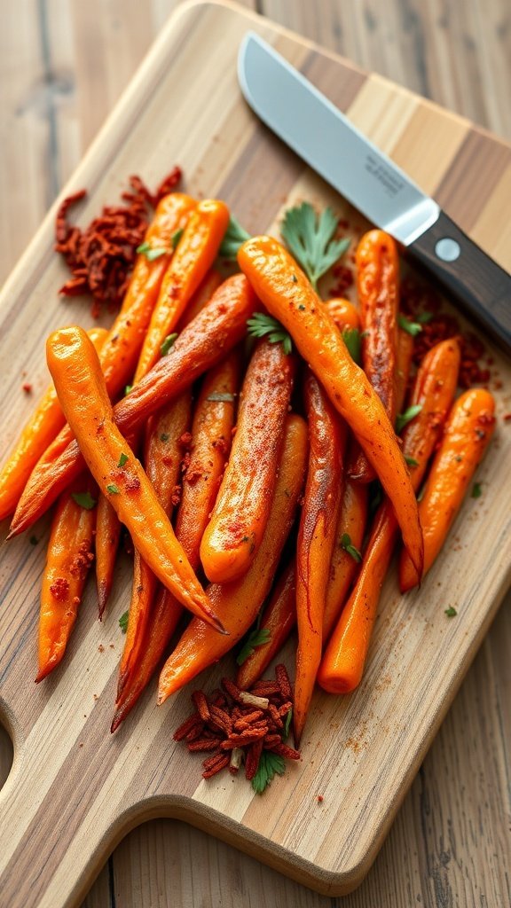 Air fryer carrots seasoned with smoky paprika and cumin on a wooden cutting board.