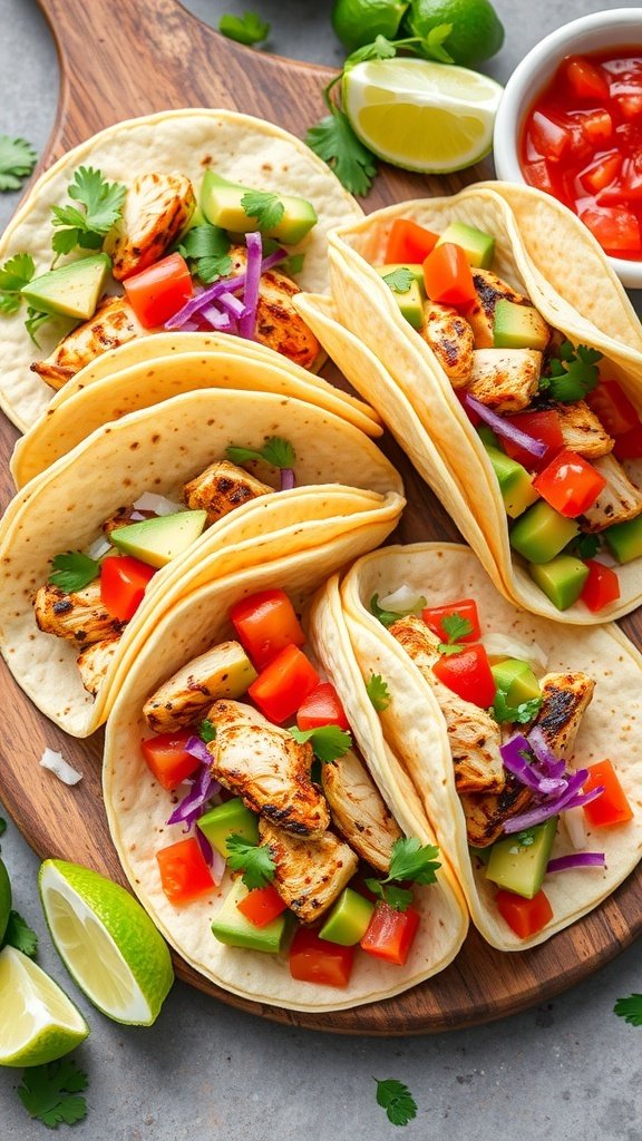 A plate of summer tacos with grilled chicken, diced tomatoes, cucumbers, and cilantro, served with lime and salsa.