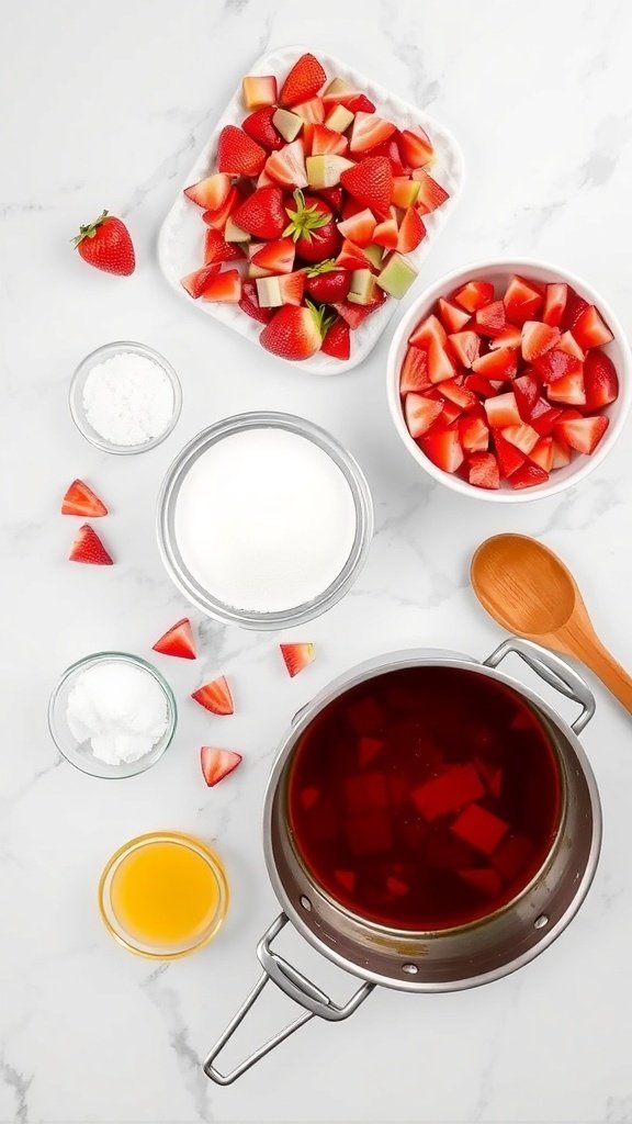Ingredients for strawberry rhubarb jam including chopped strawberries, rhubarb, sugar, and a pot.