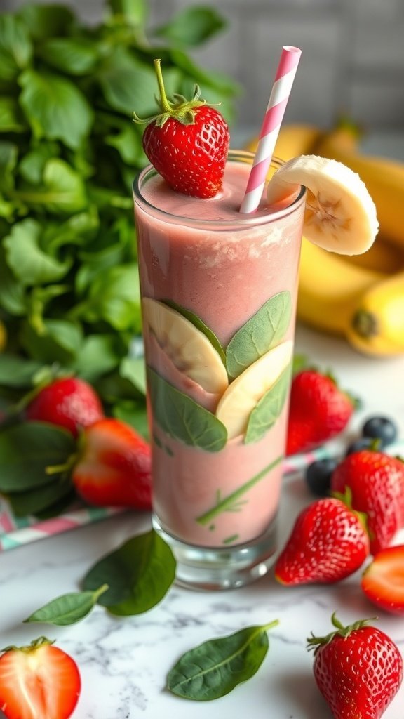 A tall glass of strawberry banana smoothie with spinach, garnished with a strawberry and banana slice, surrounded by fresh strawberries and spinach leaves.