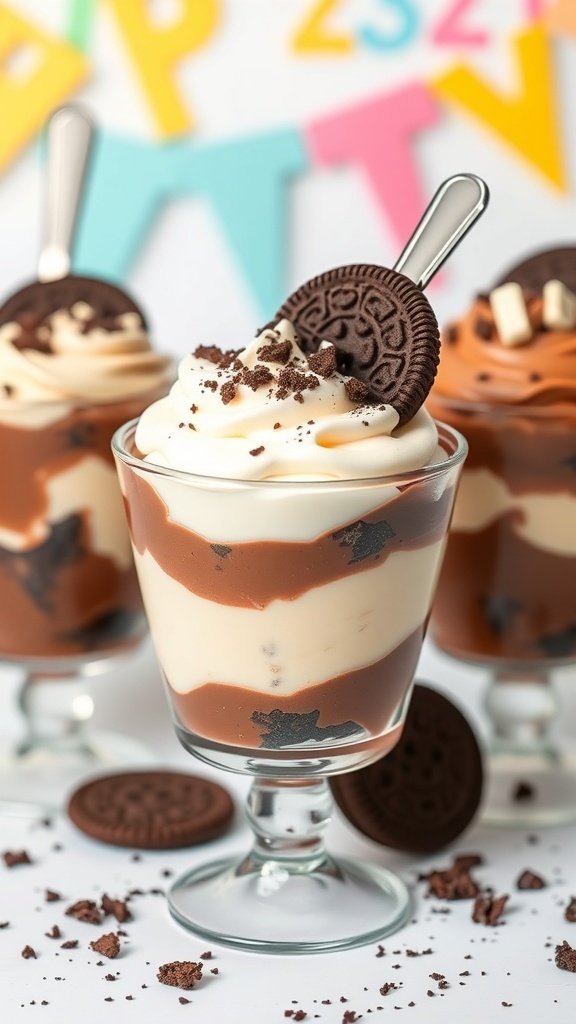 Delicious pudding parfaits with layers of chocolate and vanilla pudding, topped with whipped cream and chocolate cookies.