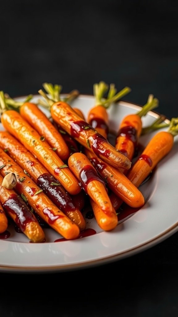 Plate of herbed baby carrots drizzled with balsamic glaze