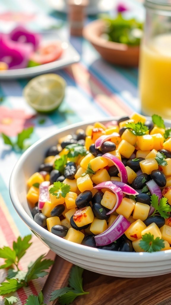 A colorful bowl of grilled corn and black bean salad with diced mango and red onion, garnished with fresh cilantro.