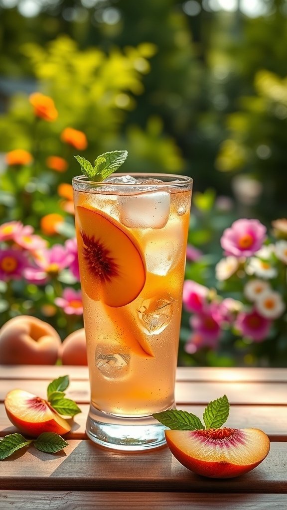 A refreshing glass of Sweet Peach Iced Tea garnished with peach slices and mint leaves, set against a colorful floral background.