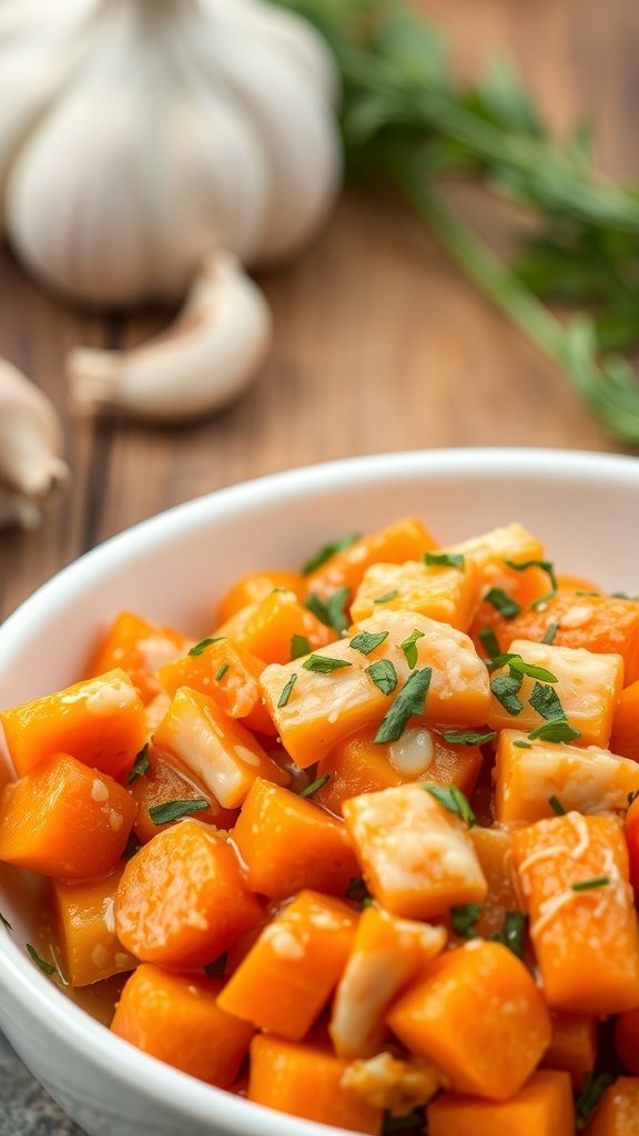 Creamy garlic butter carrots in a bowl with garlic and herbs in the background