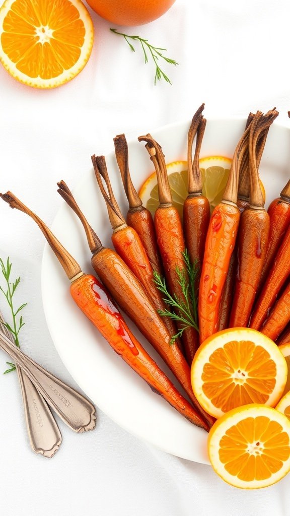 A plate of brown sugar glazed carrots with citrus slices