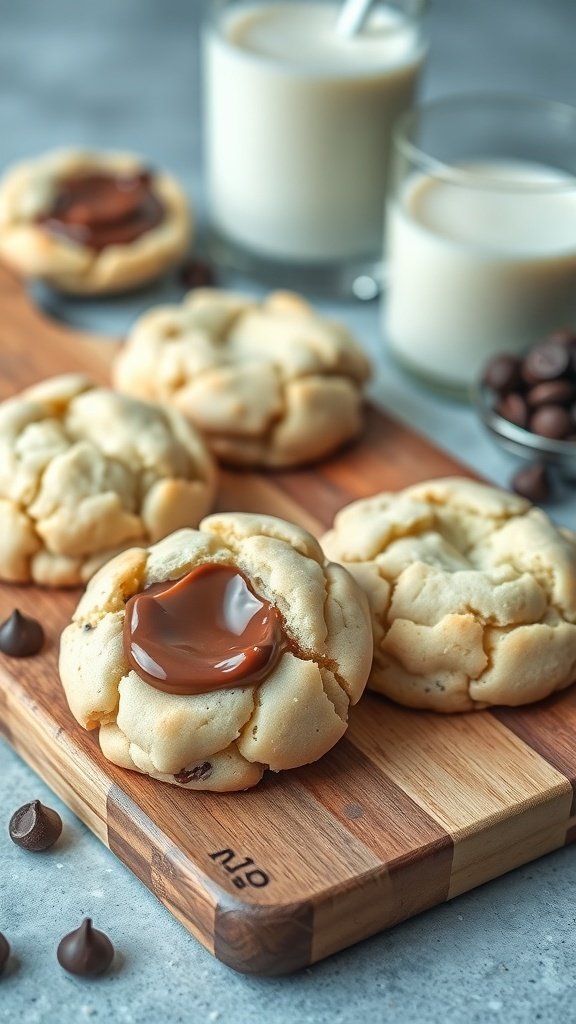 Nutella-stuffed sugar cookies on a wooden board with glasses of milk