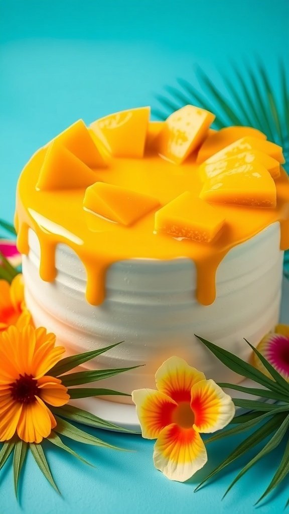A vibrant mango mousse cake topped with fresh mango slices and colorful flowers, set against a bright blue background.