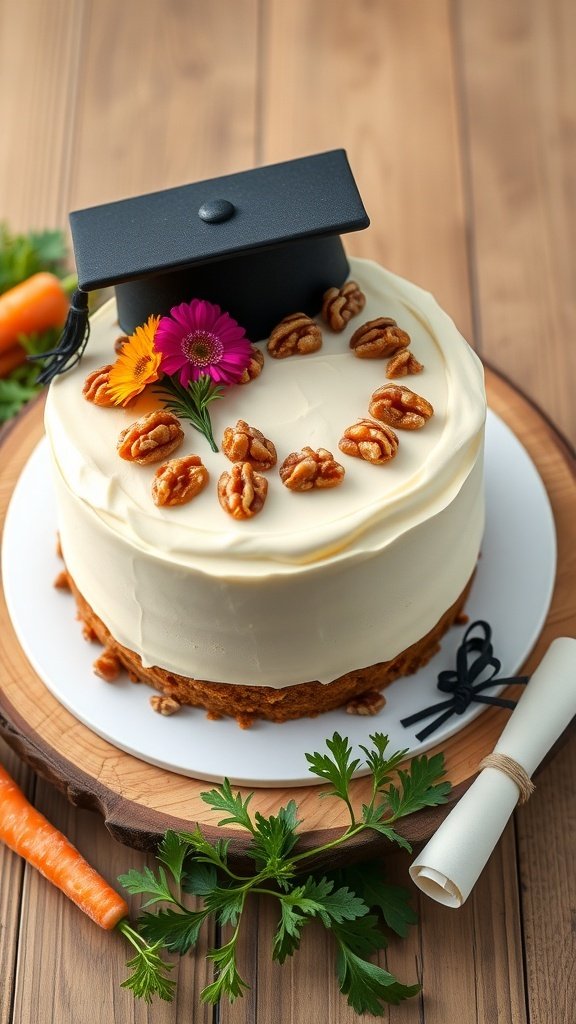 A beautifully decorated carrot cake with a graduation cap on top, surrounded by flowers and walnuts.