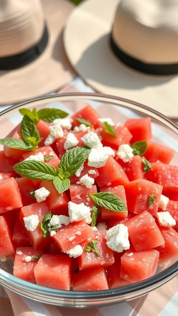 A bowl of watermelon feta salad with mint leaves, served outdoors with summer hats in the background.
