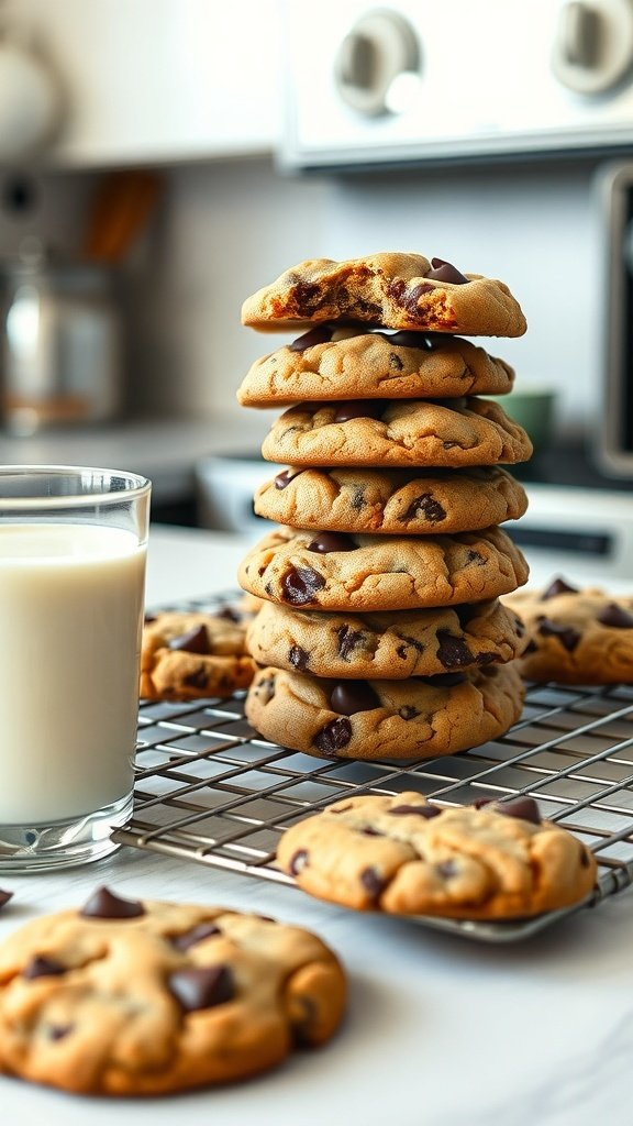 A stack of chocolate chip cookies with a glass of milk on the side, showcasing a delicious dessert for graduation.