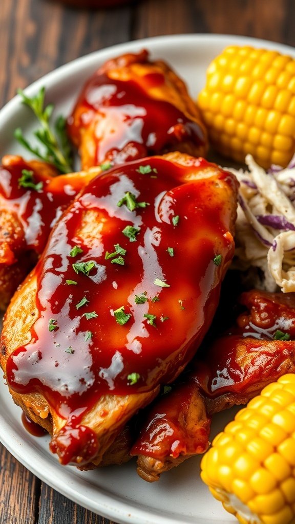 Plate of barbecue chicken with sauce, corn, and coleslaw