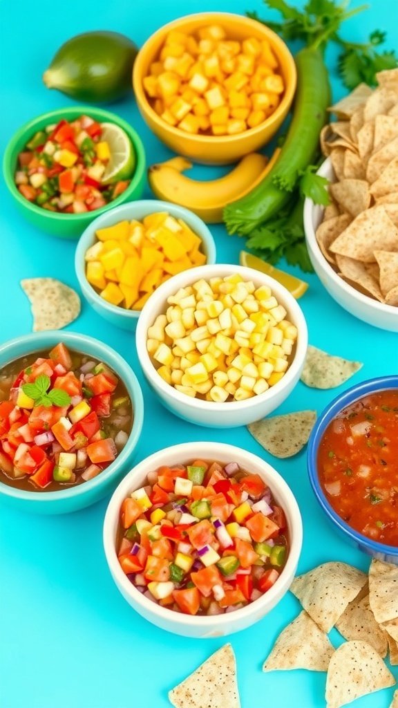 A colorful array of summer salsas in bowls, featuring mango, corn, tomato, and more, with tortilla chips on the side.
