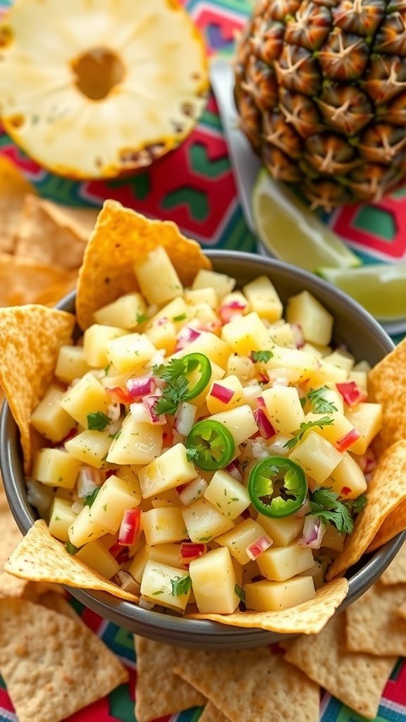 A bowl of tangy pineapple salsa with tortilla chips, surrounded by fresh pineapple and lime slices.