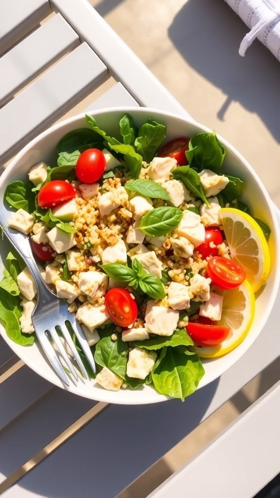 A bowl of Lemon Basil Chicken Salad with quinoa, cherry tomatoes, and fresh basil on a table.