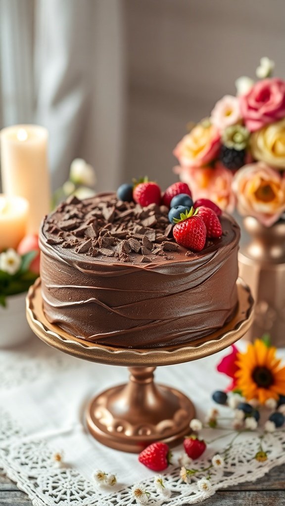 A beautifully decorated chocolate cake with fresh berries on top, surrounded by flowers and candles.