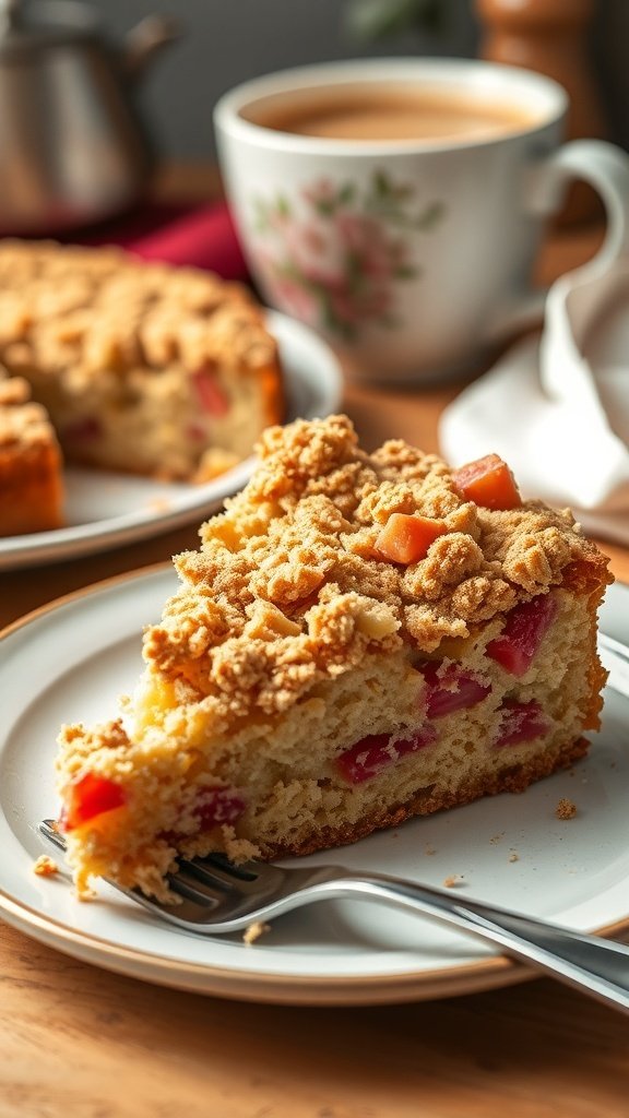 A slice of rhubarb coffee cake on a plate with a cup of coffee in the background.