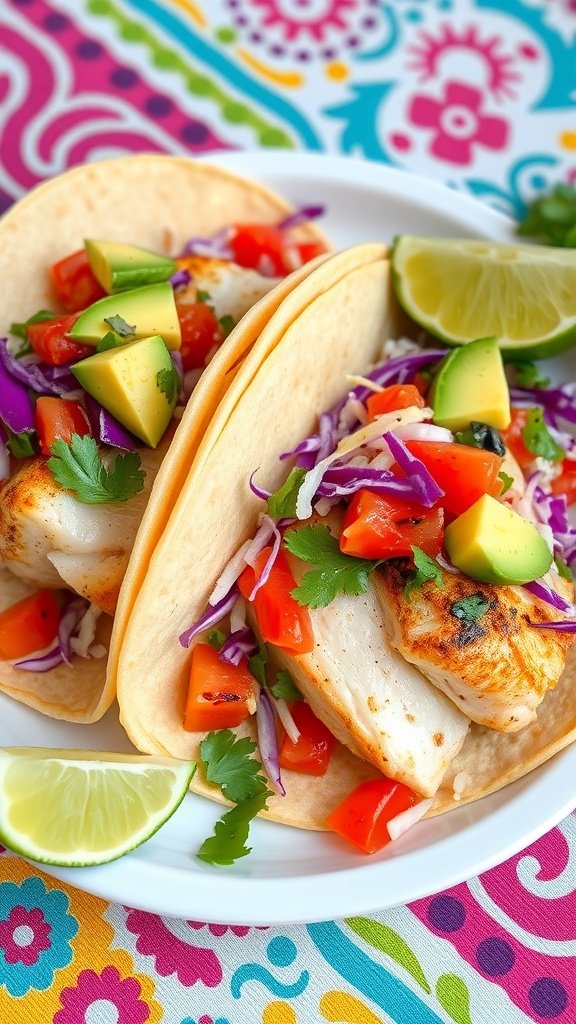 Grilled fish tacos with fresh salsa, topped with avocado and served on a colorful plate.