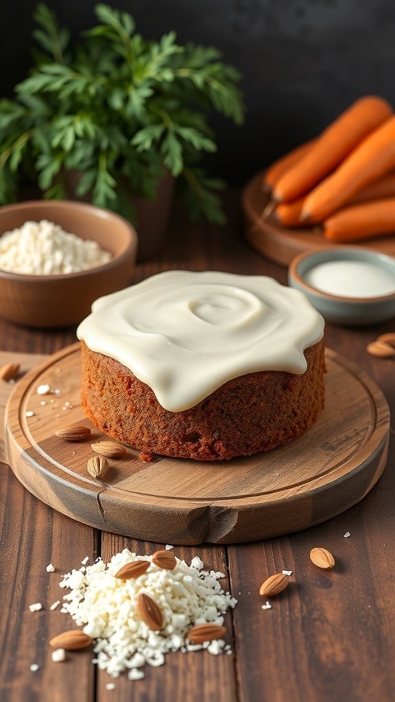 A gluten-free carrot cake topped with cream cheese frosting, surrounded by fresh carrots and almonds.