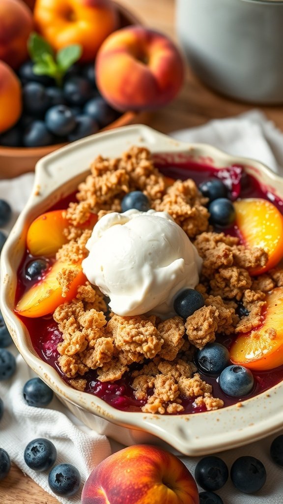 A warm peach and blueberry crisp topped with ice cream, surrounded by fresh peaches and blueberries.