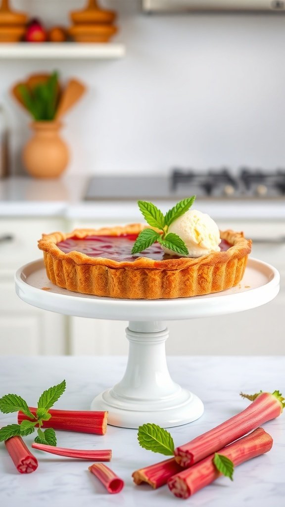 A vegan rhubarb pie on a white pedestal with a scoop of ice cream and mint leaves.