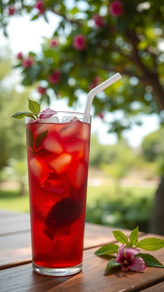 A refreshing glass of chilled hibiscus iced tea garnished with mint leaves and a flower, set against a backdrop of greenery.