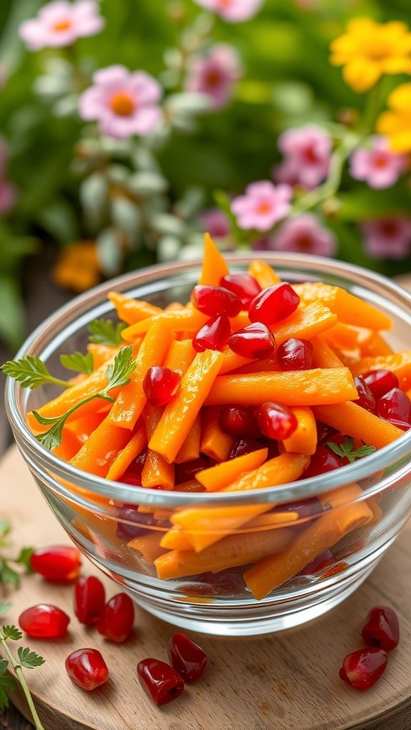 A bowl of honey-glazed carrot salad with pomegranate seeds, surrounded by colorful flowers.