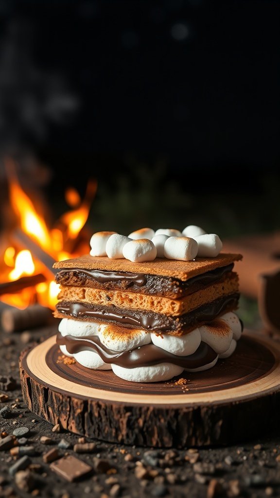 A delicious S'Mores cake made with layers of graham crackers, chocolate, and toasted marshmallows, set against a campfire backdrop.