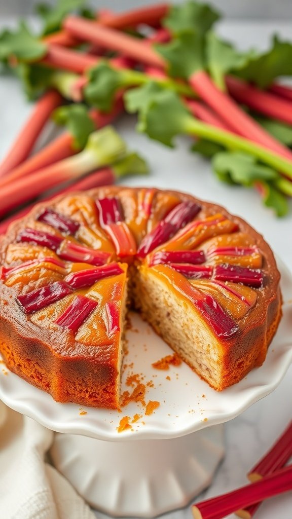 A beautifully baked rhubarb upside-down cake on a white cake stand, with fresh rhubarb stalks in the background.