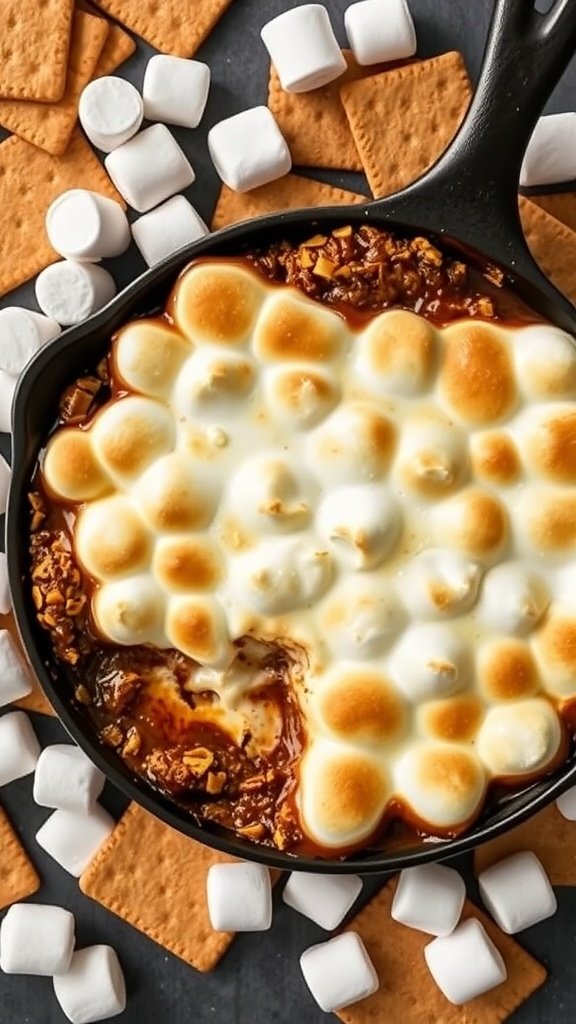 A skillet of melted S'mores Dip topped with toasted marshmallows, surrounded by graham crackers and marshmallows.
