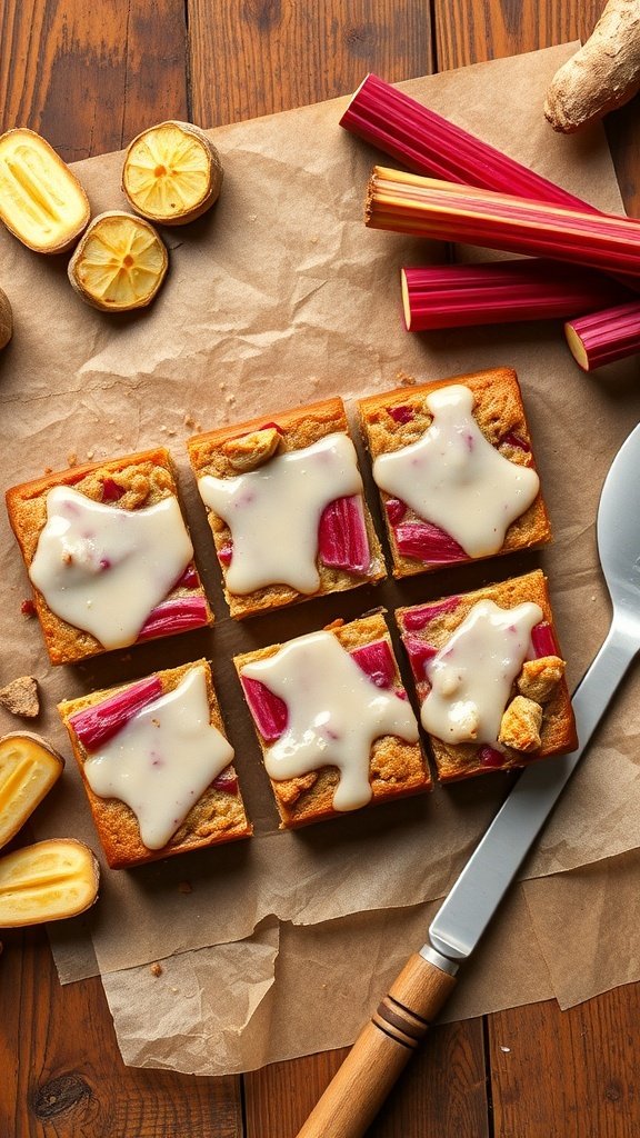 Savory rhubarb and ginger bars with a creamy glaze, garnished with rhubarb stalks and lemon slices.