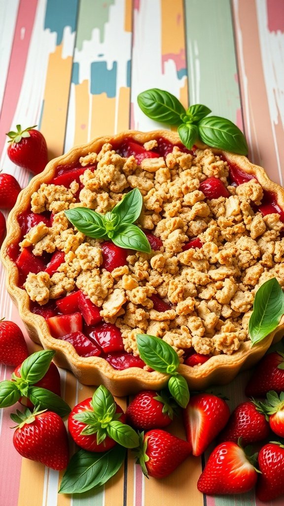A delicious strawberry rhubarb crisp topped with a crumbly mixture, surrounded by fresh strawberries and basil leaves.