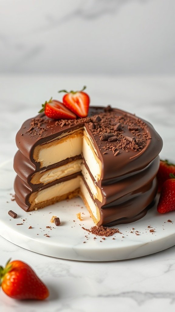 No-bake chocolate eclair cake with layers of cream and chocolate glaze, topped with strawberries.
