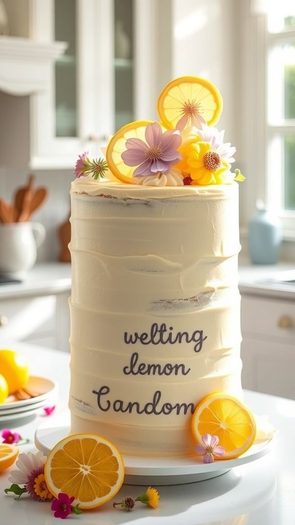A tall lemon layer cake decorated with lemon slices and flowers, set in a bright kitchen.