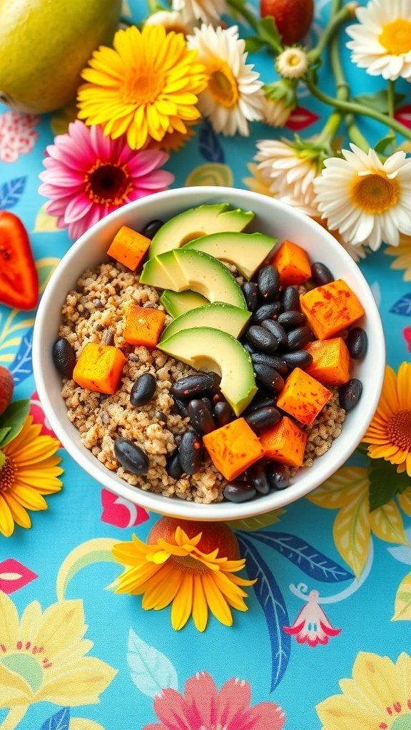 A colorful grain bowl with quinoa, black beans, roasted sweet potatoes, and avocado, surrounded by flowers.