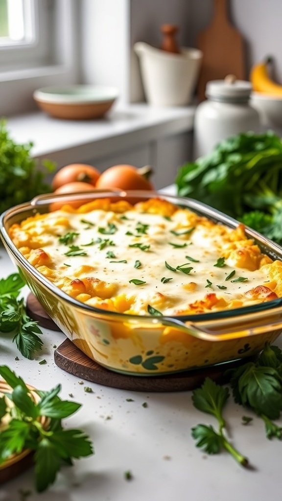 A delicious vegan summer squash casserole with cashew cream, garnished with fresh parsley.