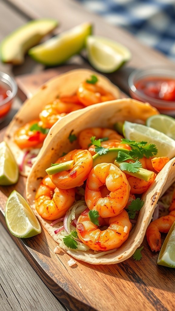 Citrus grilled shrimp tacos with lime and cilantro on a wooden board.