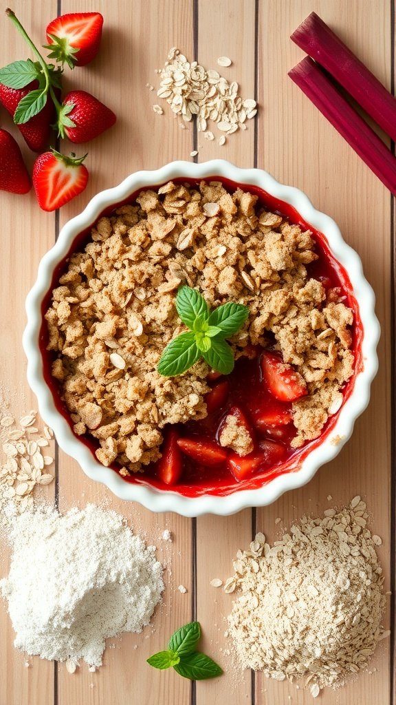 A gluten-free strawberry rhubarb crisp in a white dish, surrounded by fresh strawberries and rhubarb stalks, with oats and flour scattered around.