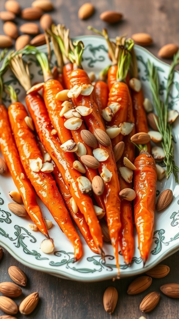 A plate of honey roasted carrots topped with slivered almonds