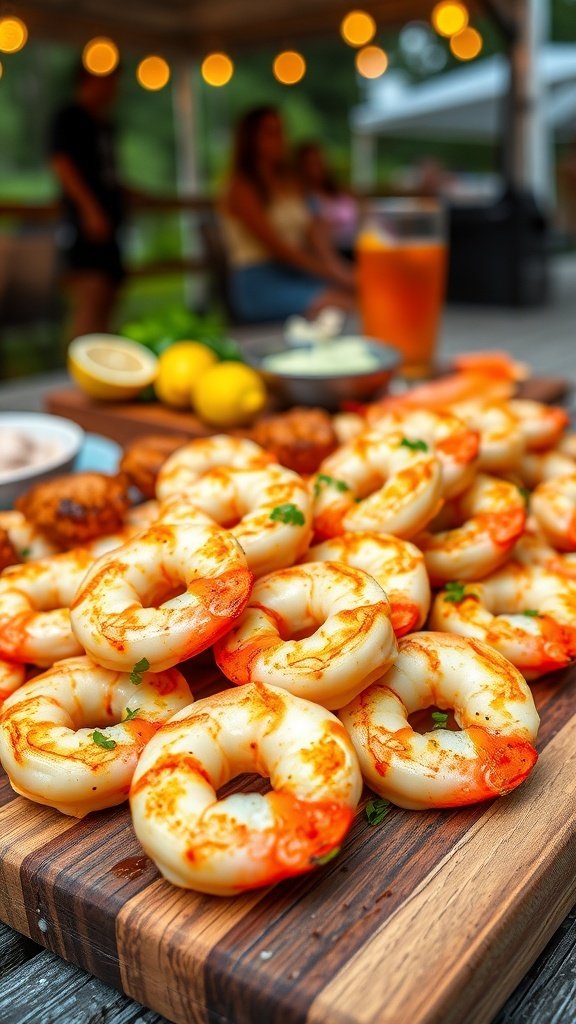 A close-up of grilled shrimp skewers on a wooden board, garnished with herbs and served with fresh lemons and a drink.