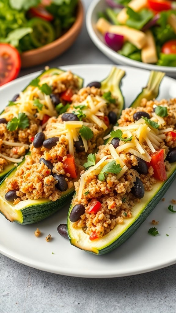 Stuffed zucchini boats filled with quinoa, black beans, and topped with cheese.