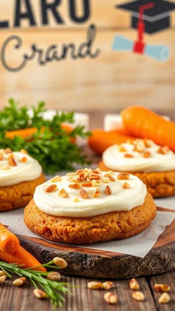 Delicious carrot cake cookies topped with cream cheese frosting and nuts, with fresh carrots in the background.