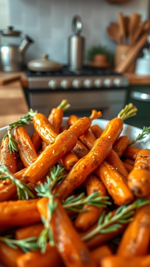 A close-up of fresh baby carrots with a sprinkle of herbs, ready to be cooked in a cozy kitchen setting.
