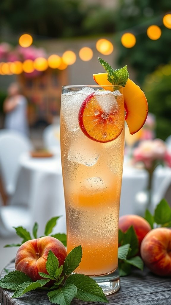 A refreshing glass of sparkling peach lemonade garnished with peach slices and mint leaves, set against a summer backdrop.