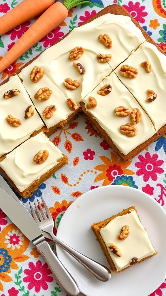 Carrot cake bars with cream cheese frosting and walnuts on a colorful tablecloth, with fresh carrots beside them.